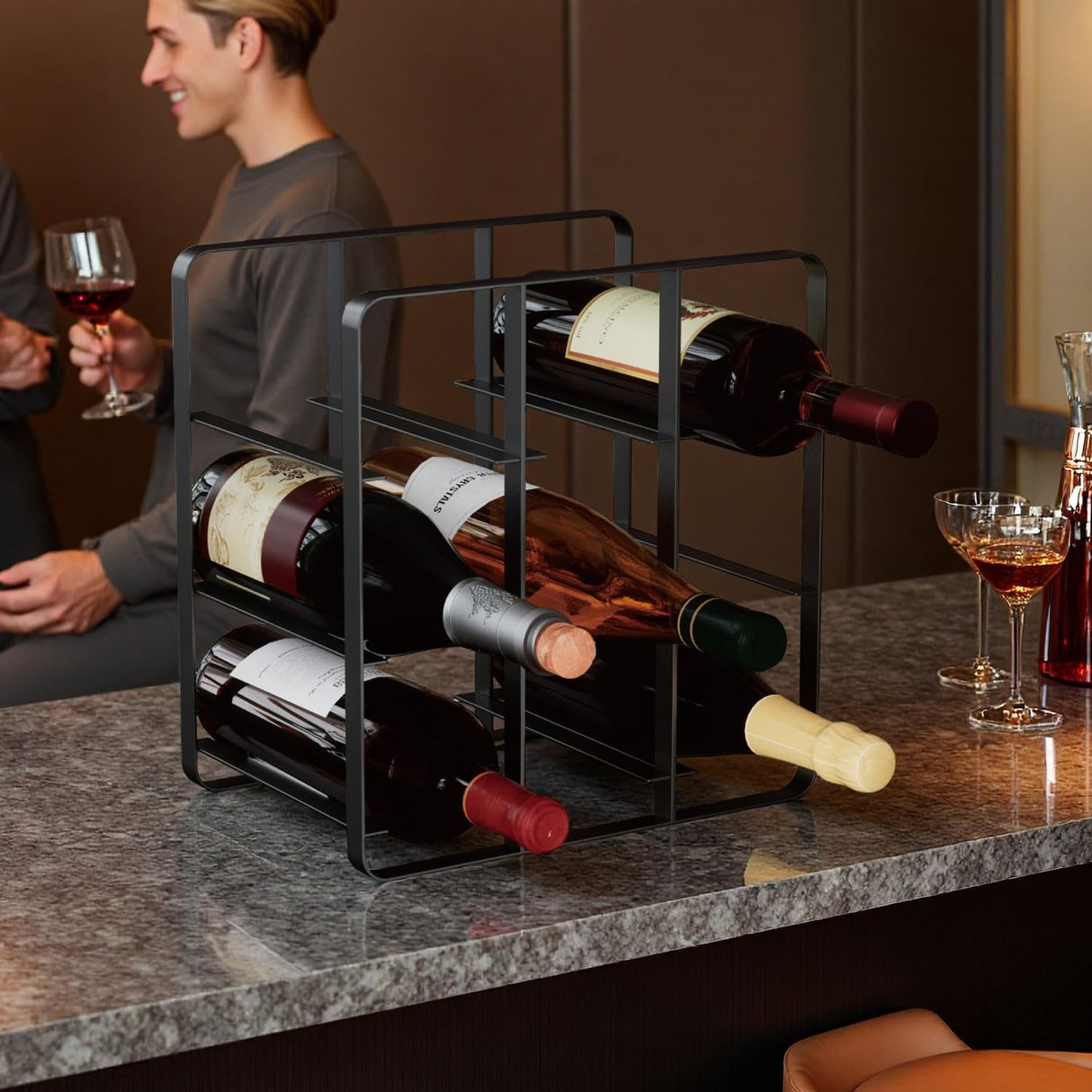 Buruis 9-Bottle Metal Wine Rack, Freestanding Holder Organizer for Red and White Wine, Kitchen Countertop, Pantry, No Assembly Required, Black Buruis