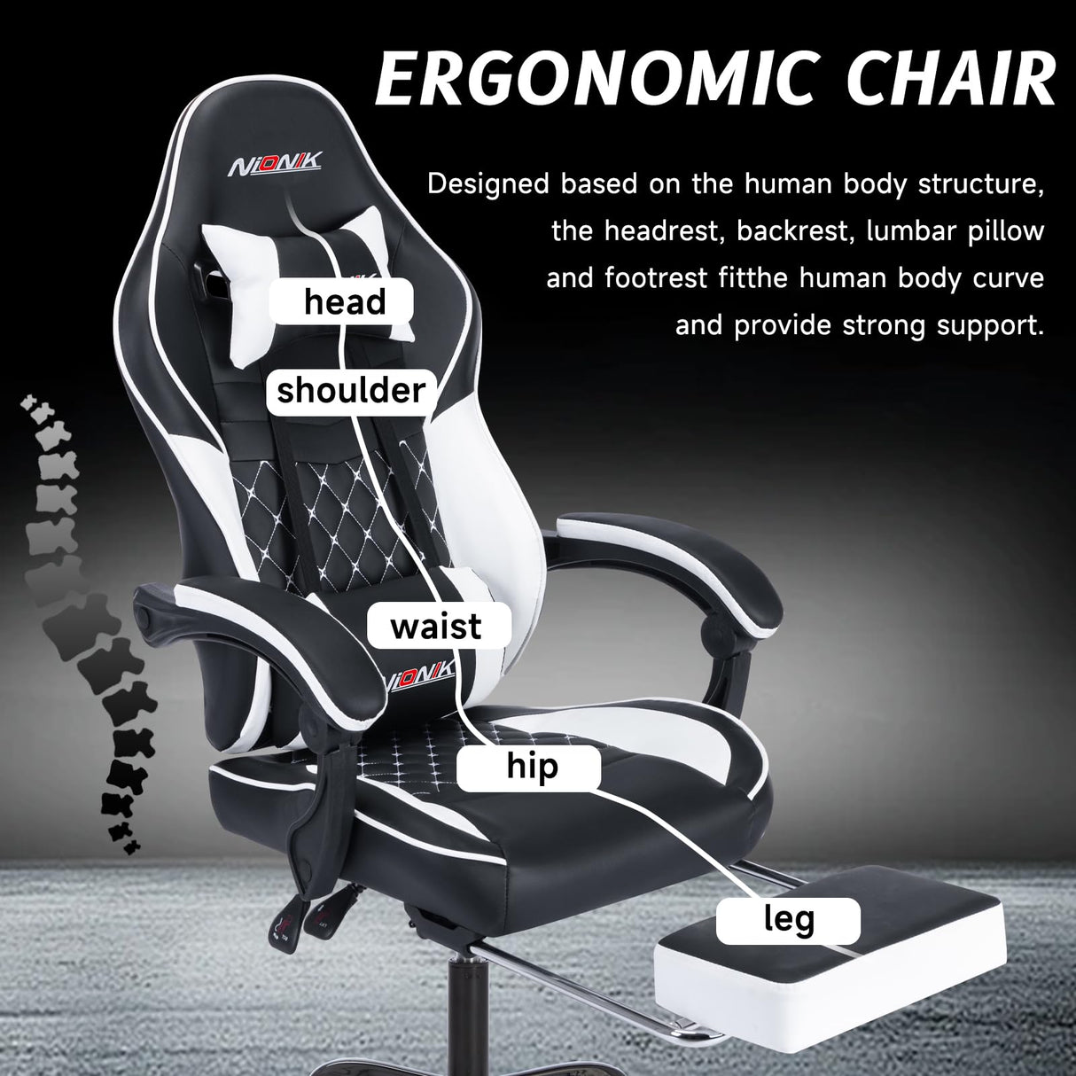 Ergonomic Video Gamer Chairs,Computer Gaming Chairs with Massage Lumbar Support and footrest,Racing Style Computer Chair Adjustable Headrest for Adults,Blackwhite NIONIK