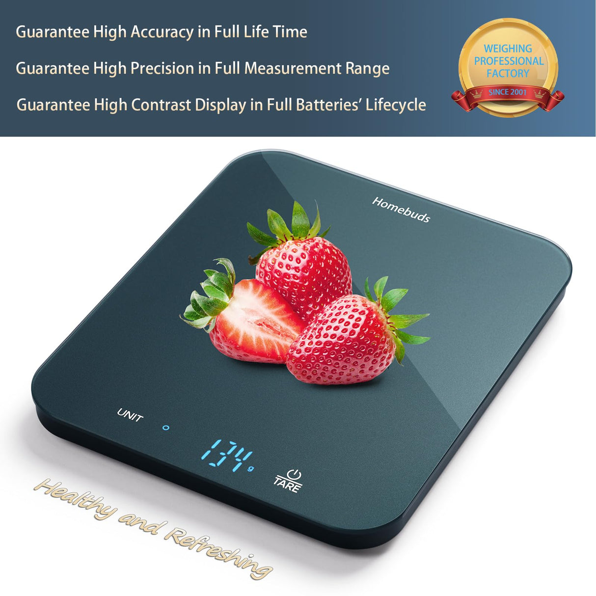 Homebuds Food Scale, 33lb/15kg Digital Kitchen Scale, Weight Grams and Ounces in 1g/0.1oz Precision for Baking and Cooking, LED Display, 3*AAA Batteries Included, Tempered Glass, Blue HomeBuds