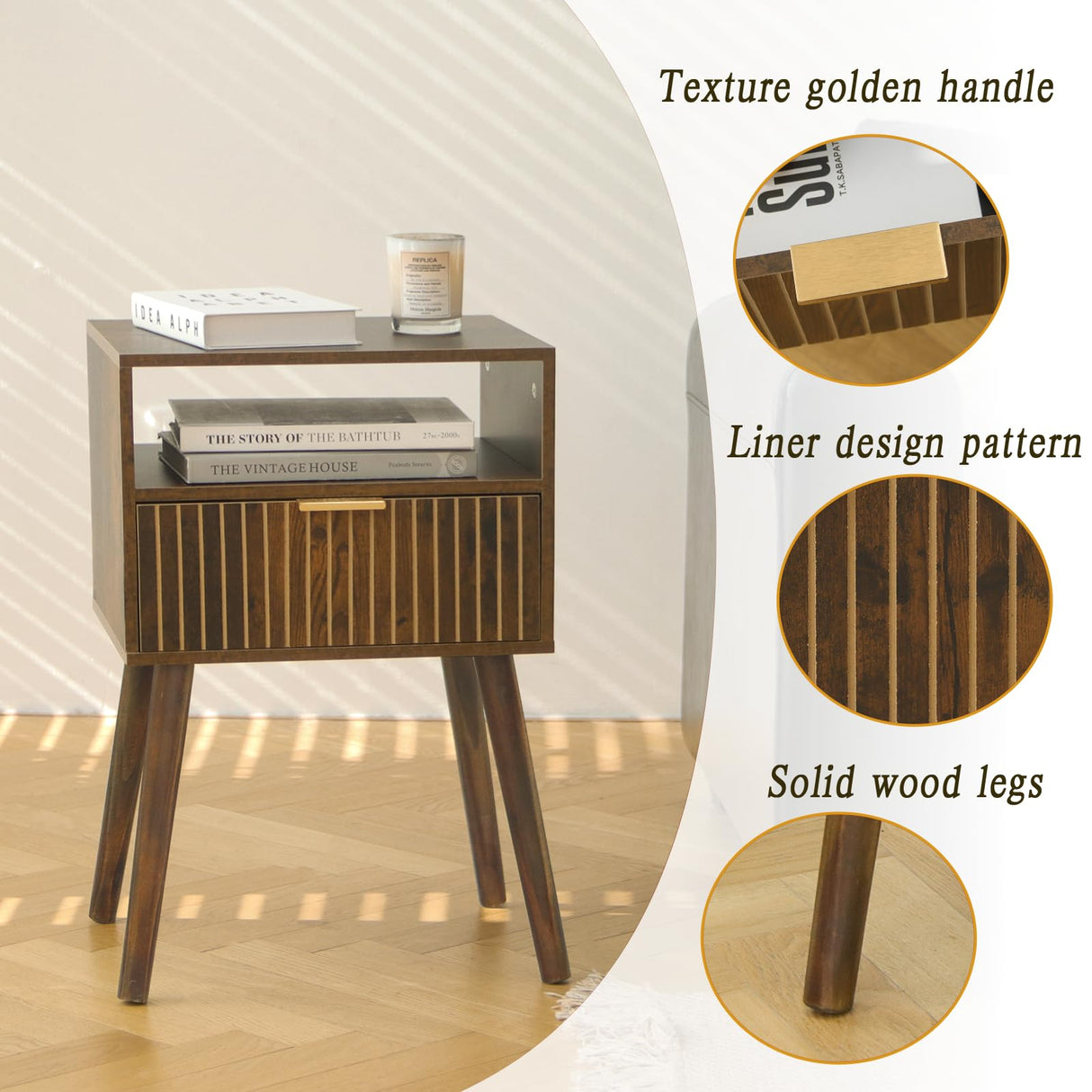 MaxSmeo Small Nightstand with Drawer, Mid Century Modern Bedside Table for Bedroom and Small Spaces, Solid Wood Legs, Easy Assembly, Rustic Brown MaxSmeo