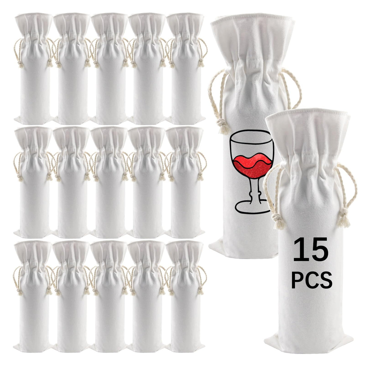 OKBA 15 PCS Sublimation wine gift bag blank, Canvas wine bottle bag with drawstring, Suitable for sublimation, screen printing, DIY graffiti OKBA