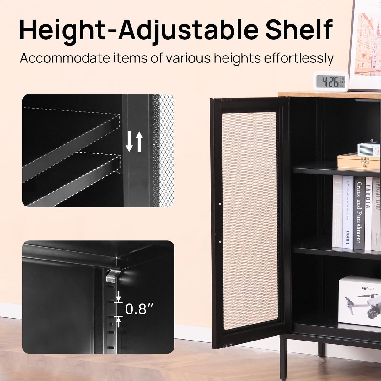 ALBAD Metal Storage Cabinet with Mesh Doors and Adjustable Shelves, Free Standing Sideboard Buffet Cabinet for Kitchen, Living Room, Dining Room, Home Office (Black) ALBAD