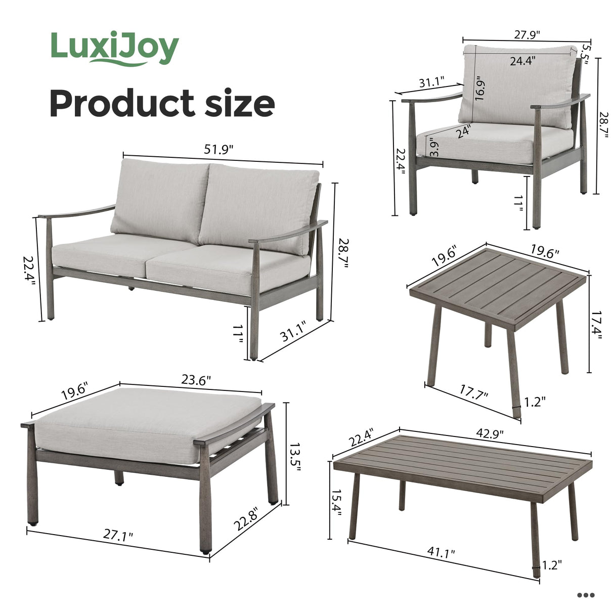 LUXIJOY Patio Furniture Set 7PCS, Aluminum Sectional Sofa Set with Coffee Table and Side Table, Loveseat, 2 Single Chairs, 2 Ottomans, Outdoor Conversation Set for Porch, Lawn, Greige & Grey LUXIJOY
