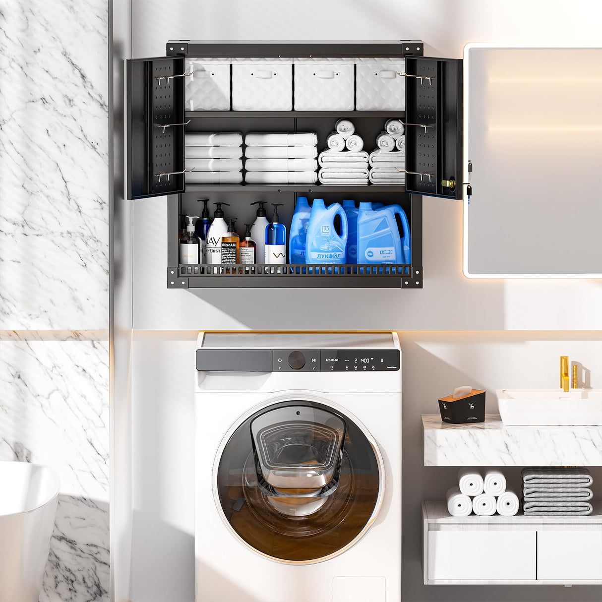 Greenvelly Metal Wall Cabinet with Locking Door, Black Wall Mounted Metal Storage Cabinet with Pegboard and Adjustable Shelf, Steel Tool Cabinet for Garage, Basement, Kitchen, Warehouse Greenvelly