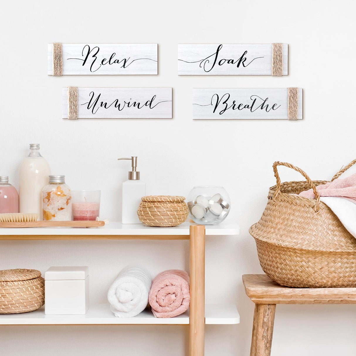 4 Pieces Farmhouse Bathroom Decor Wall Art Bathroom Sign Rustic Bathroom Decor Relax Soak Unwind Breathe Wood Sign for Home Spa Bathroom Decor, 11.8 x 3 Inch (White) Jetec