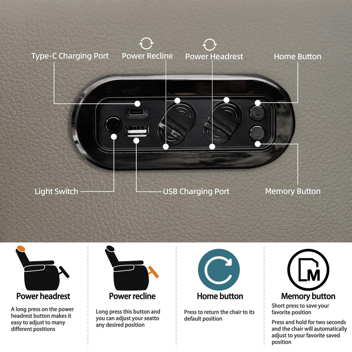 comfiroom Leather Home Theater Seating, Simple Style Dual Power Electric Headrest Game Seats Movie Theater Chairs Top Grain Leather Recliner Sofa (Grey, Row of 4 Loveseat Right) comfiroom