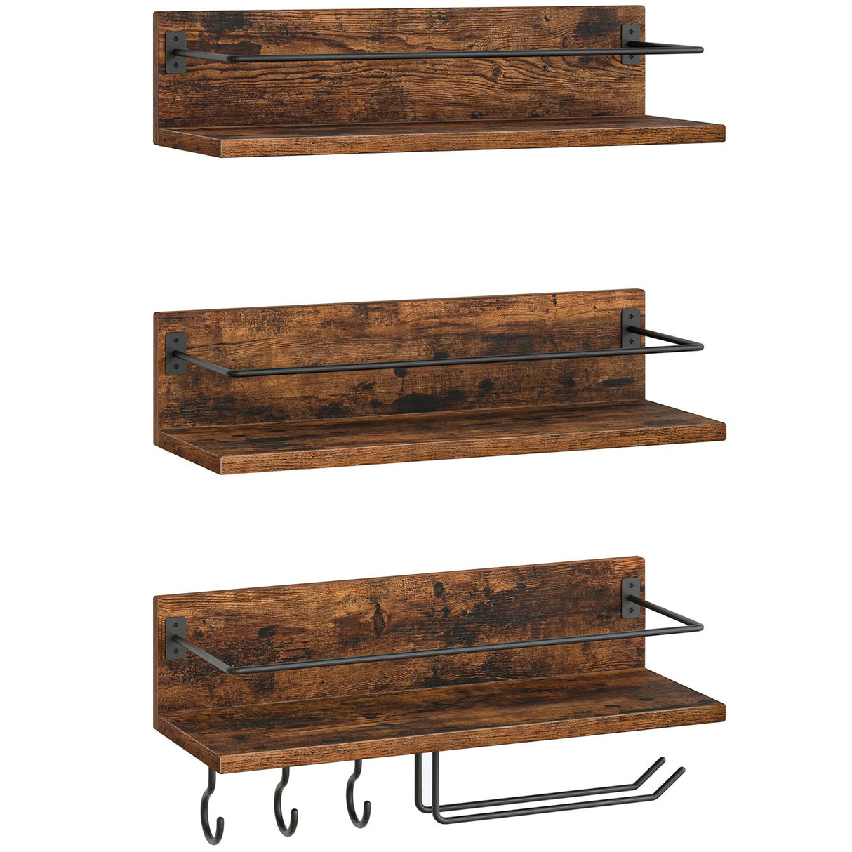 HOOBRO Wall Mounted Wine Rack 3 Pack, Wine Shelf Hanging Floating Wall Shelves, Wine Glass Bottle Rack Stemware Holder, for Living Room, Dining Room, Kitchen, Rustic Brown and Black BF33BJ01 HOOBRO