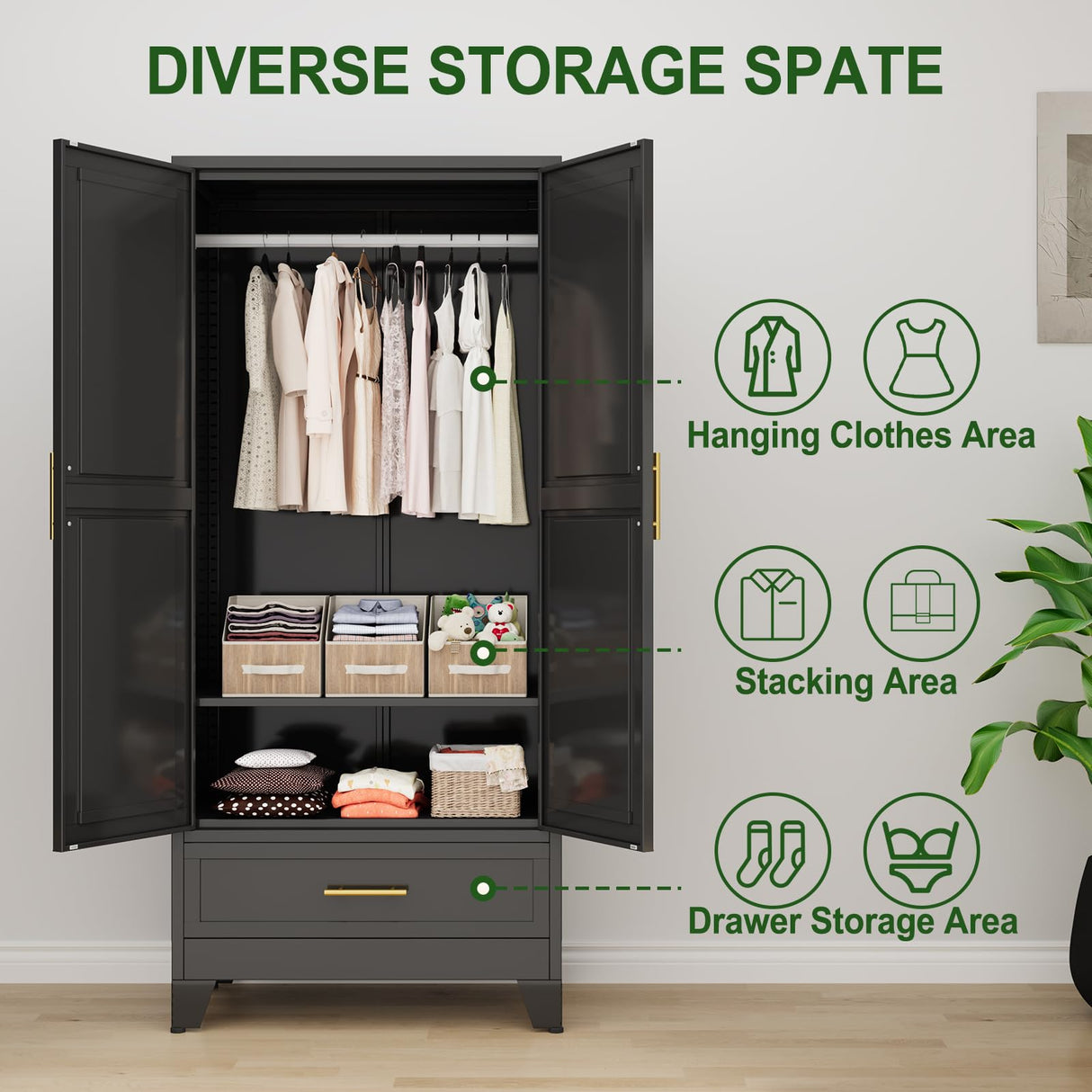 winiowa Metal Armoire Wardrobe Closet with Drawer, 71" Wardrobe Cabinet with Adjustable Shelves and Hanging Rod, Clothing Storage Cabinet Closet with Mirror for Bedroom-Black winiowa