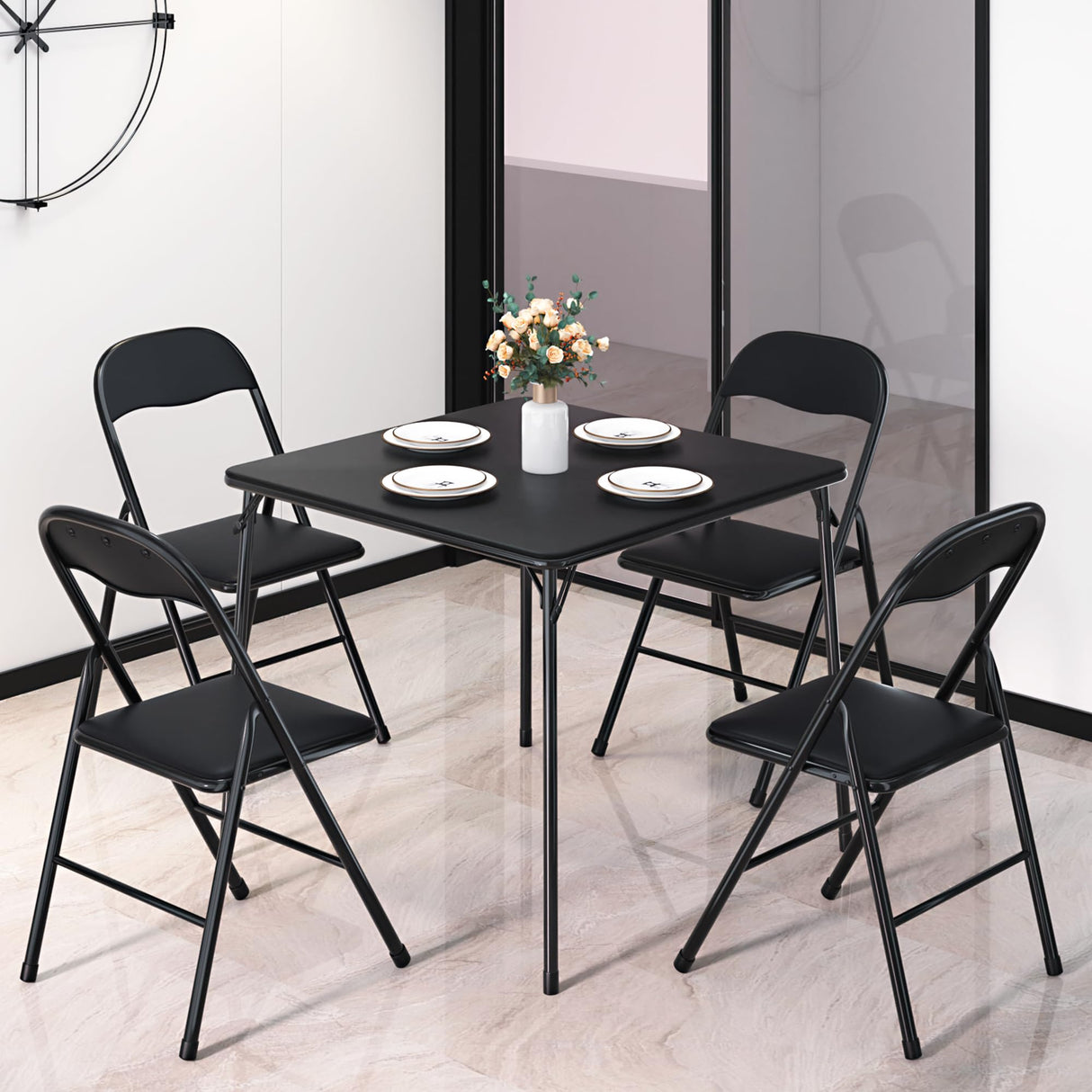 VECELO Folding Card Table and Chair Set of 5 Foldable with Padded Upholstery Tabletop, Metal, Black VECELO