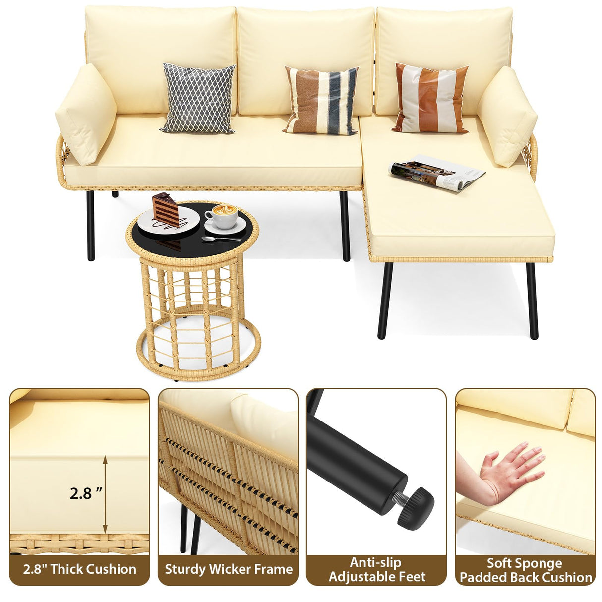 Garvee L-Shaped Outdoor Sectional Sofa 3-Piece with Plush Cushions, Weather-Resistant PE Wicker & Steel Frame, Fits 4-5 Adults, Easy Assembly, All-Weather Patio Furniture for Backyard, Deck, Poolside Garvee