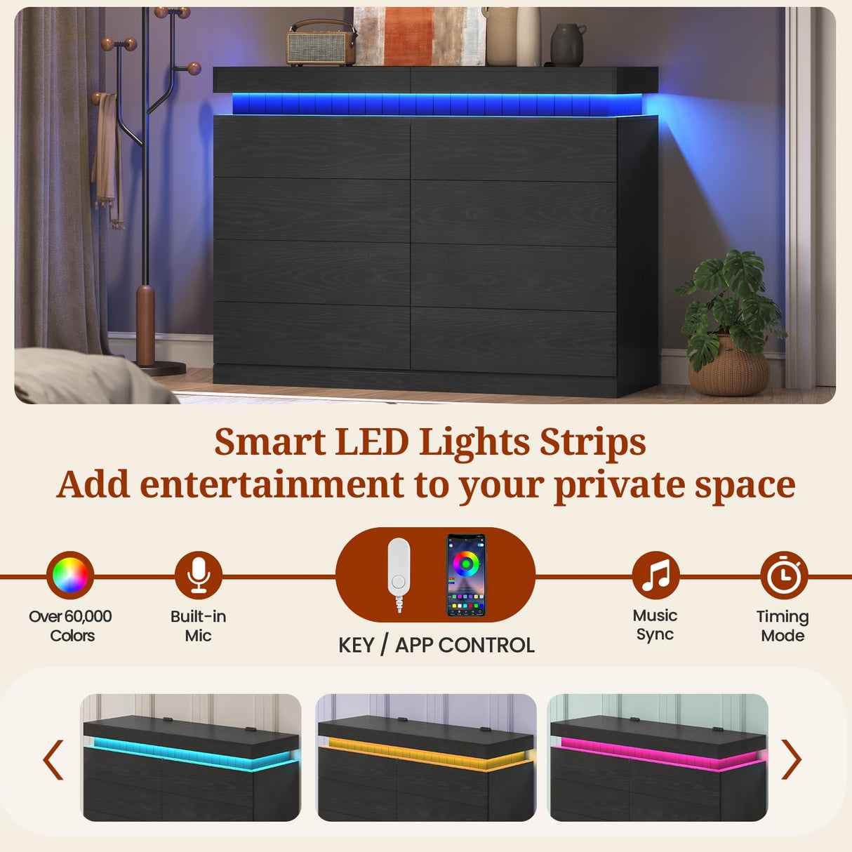 UPOSOJA Tall Black Dresser for Bedroom, Modern 8 Wood Drawers with LED Light and Power Outlet, Floating Dressers for Closet, Large Chest of Drawer for Living Room, Hallway, Entryway (8 Drawers,Black) UPOSOJA