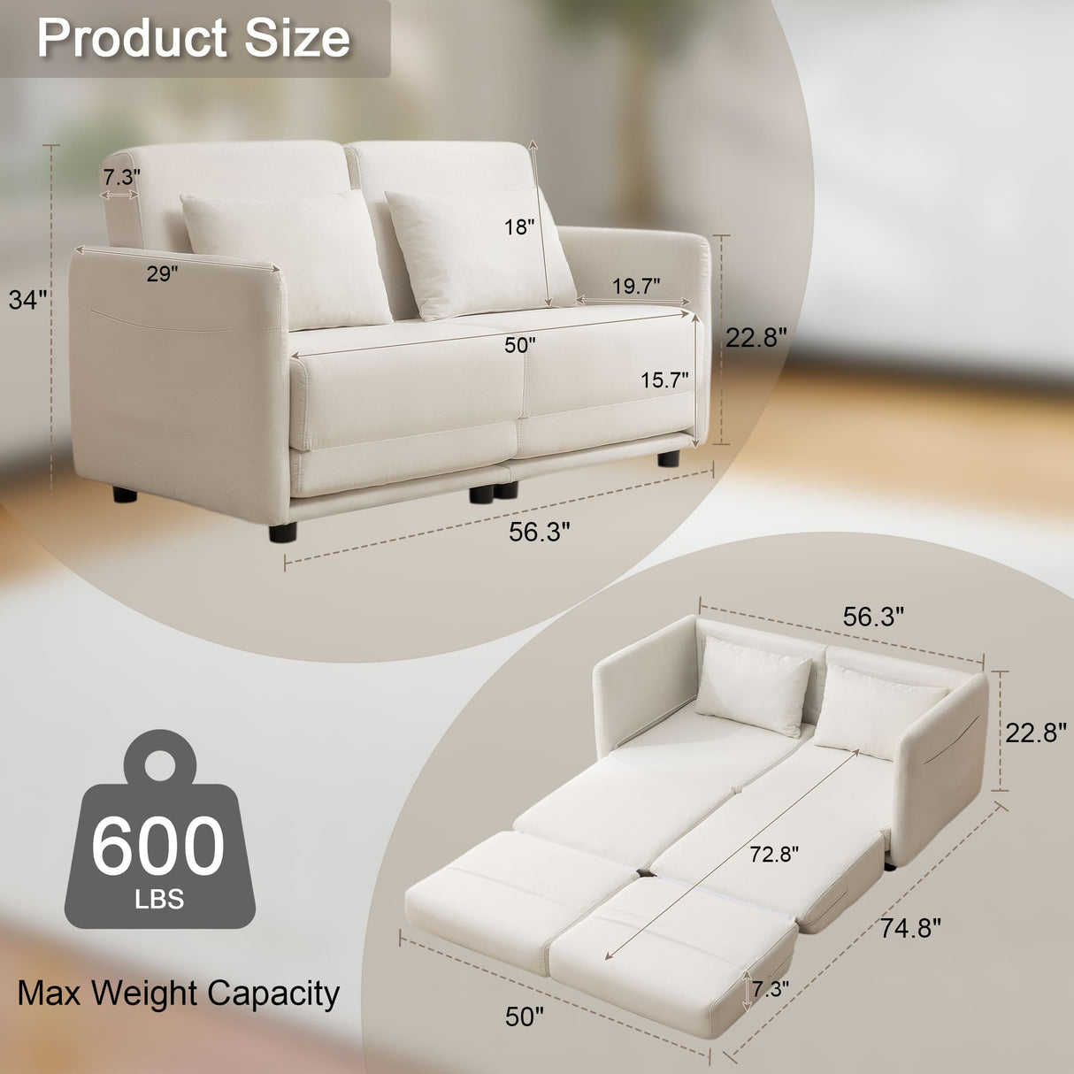 Korser 56.3" W x 74.8" L Small Full Size Pull Out Couch, Loveseat Sleeper with Side Pockets, Foldable Floor Sofa Bed with Breathable & Washable Cover, Futon Couch for Living Room or Bedroom, White Korser