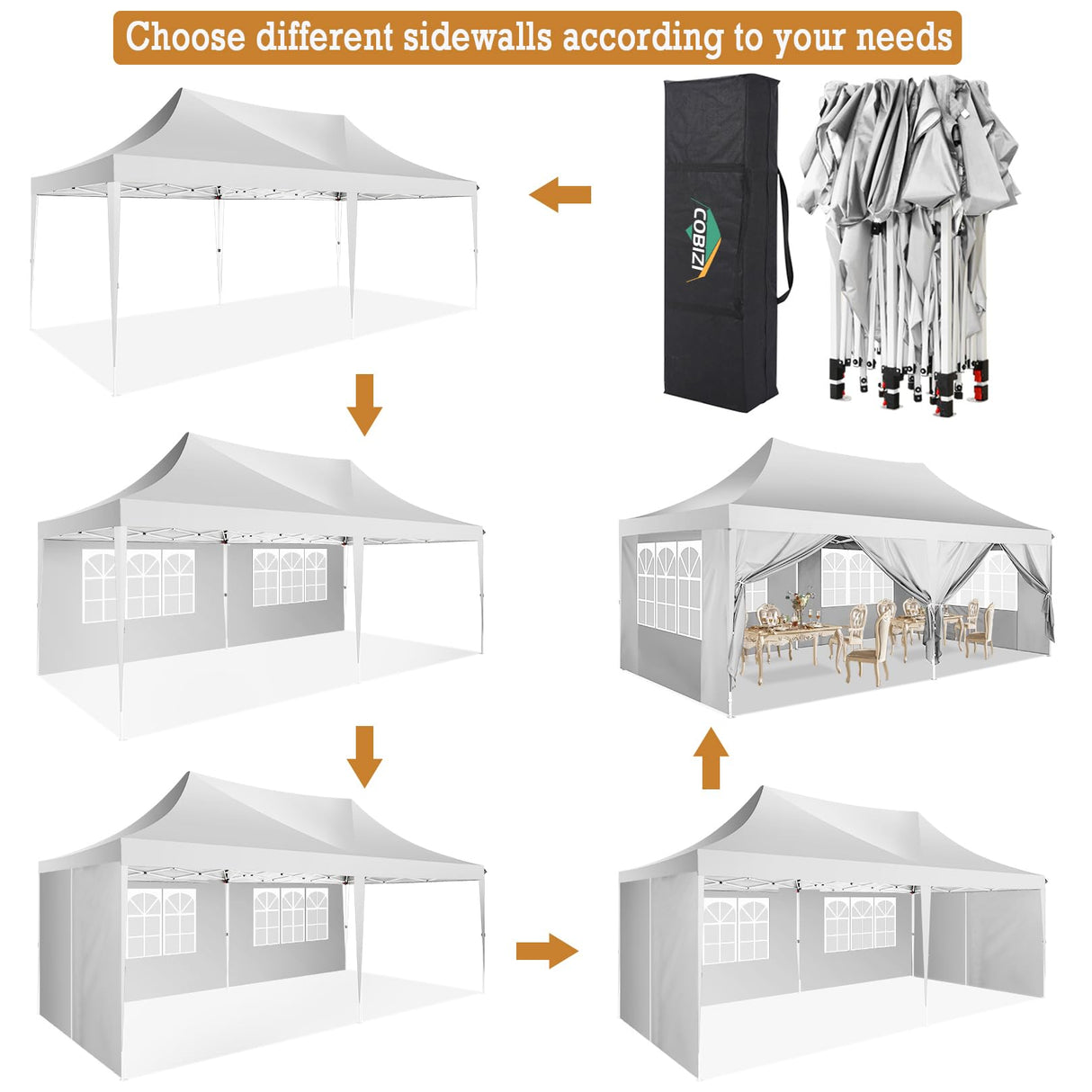 COBIZI Canopy 10x20 Pop Up Canopy Tent with 6 Sidewalls 3.0, Wedding Party Tent Outdoor Gazebos UV50+ Waterproof Canopy Tent for Parties, 3 Adjustable Heights, White(Frame Upgraded) COBIZI
