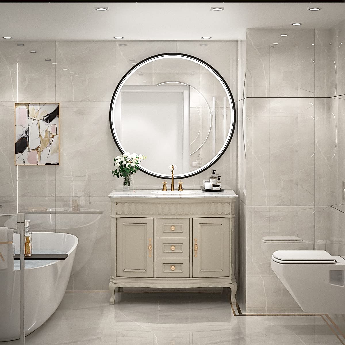 FTOTI 28 Inch LED Black Frame Round Mirror,Round Bathroom Mirror with Light,Anti-Fog & Dimmable Touch Switch, Waterproof IP54,90+ CRI FTOTI