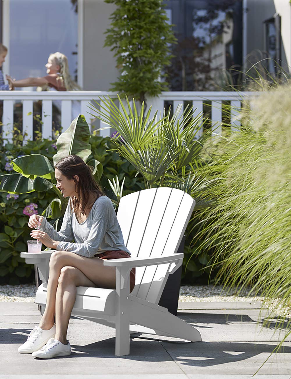 Keter Alpine Adirondack Resin Outdoor Furniture Patio Chairs with Cup Holder-Perfect for Beach, Pool, and Fire Pit Seating, White Keter