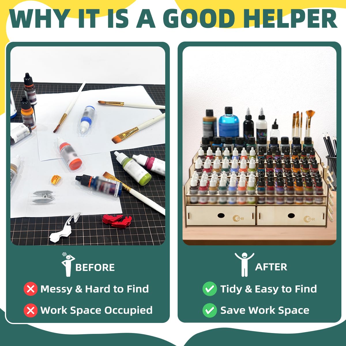 OPHIR Wooden Paint Rack Organizer, Miniature Paint Holder with 104 Holes of 2 Sizes for Model Miniature Paints, Includes 2 Drawers, 2 Painting Handles, 1 Brush Holder, 25 Paintbrush Holes OPHIR