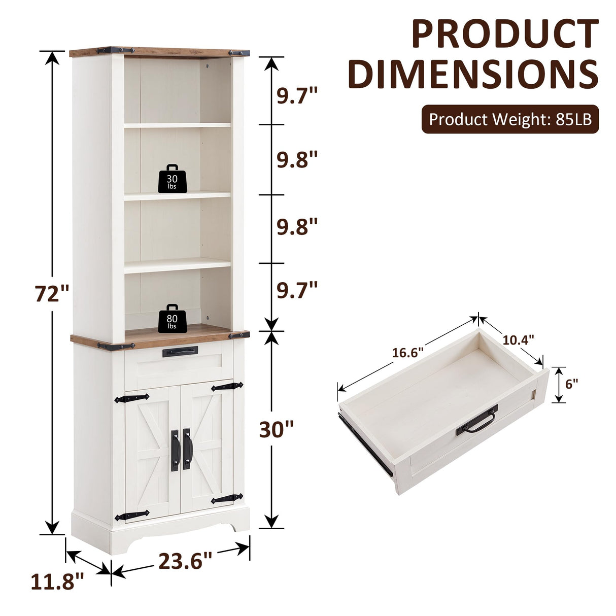 OKD 72'' Tall Bookshelf with Storage, Farmhouse 4 Tier Bookcase with Barn Door, Adjustable Shelves and Drawers, Rustic Wooden Office Bookshelves for Home Bedroom, Living Room, Library Antuique White OKD