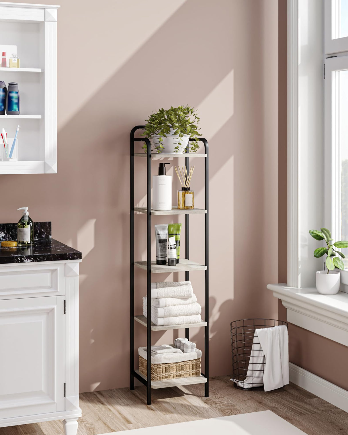 Hzuaneri Bookcase Bookshelf, Narrow Book Shelf, Industrial Corner Shelf Storage Organizer, Slim Shelving Unit for Home Office, Living Room, Bedroom, Kitchen, 5-Tier Greige and Black BC24505B Hzuaneri