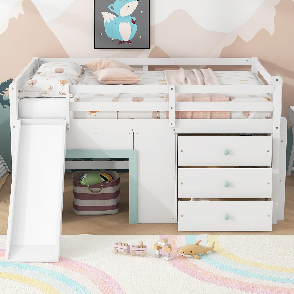 Quarte Full Size Kids Low Loft Bed with Slide,Three Storage Drawers and Two Doors,Solid Wood & MDF Construction, No Box Spring Needed Quarte