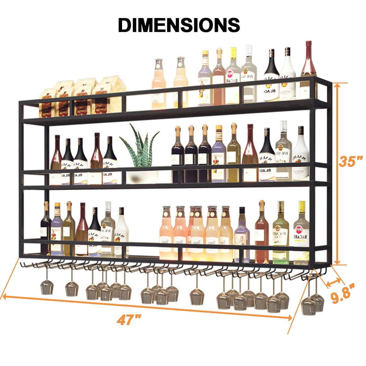 Large Heavy Duty 47in Wine Rack with LED Wall Mounted Bottle Glass Holder Under Shelf, 3-Tiers Liquor Floating Shelves Display Storage Organizer Hanging Long Stemware Goblet Metal for Home Bar GWLQRTXV