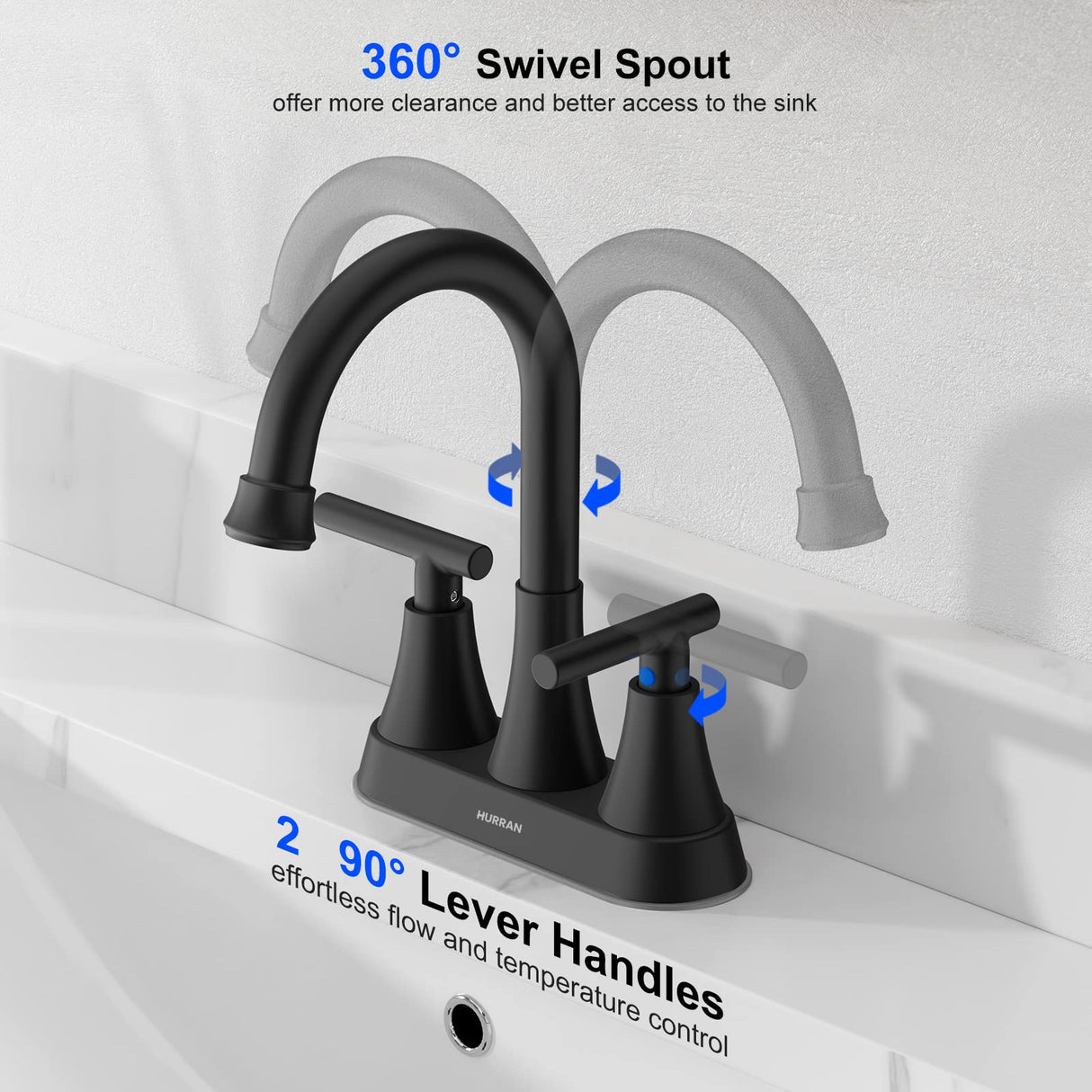 Bathroom Faucets for Sink 3 Hole, Hurran 4 inch Matte Black with Pop-up Drain and 2 Supply Hoses, Stainless Steel Lead-Free 2-Handle Centerset Faucet for Sink Vanity Hurran