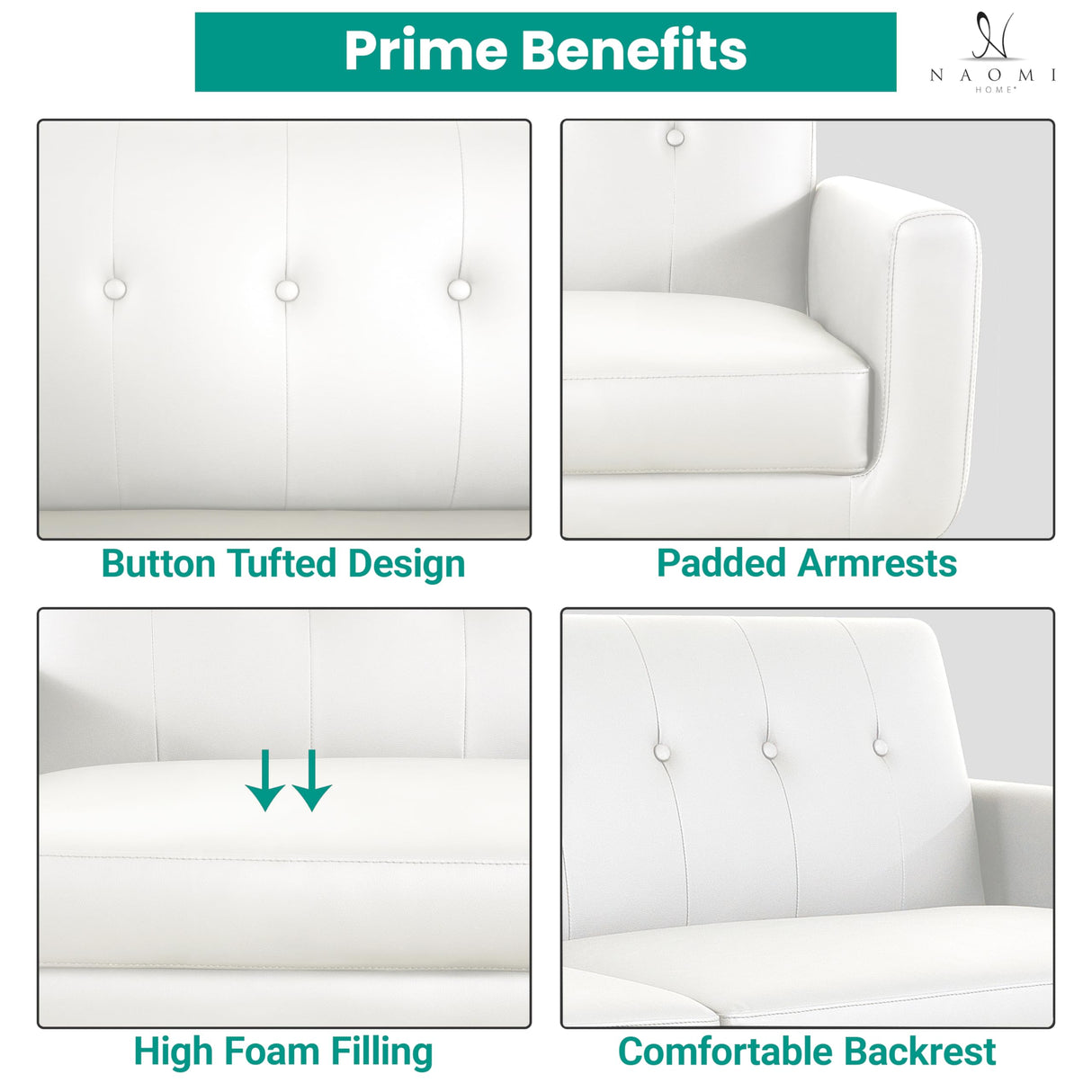 Naomi Home Monica Leather Futon Sofa, Convertible Couch Bed, Split Back Premium air Leather Sleeper Couch Sofa for Living Room, Mid Century Modern Fold Out Couch Bed with Tapered Legs - White Naomi Home