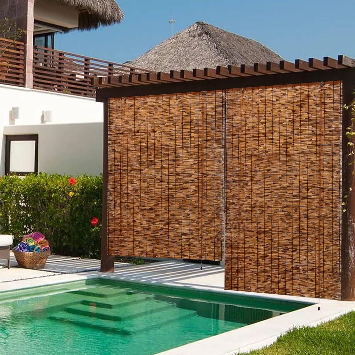 Waterproof Bamboo Roman Blinds for Indoor/Outdoor Patio, Reed Roller Shades Privacy Protection Porch Blackout Roll-up Bamboo Windows Curtain with Lifter, Cordless 72" W x 72" H VELLOW