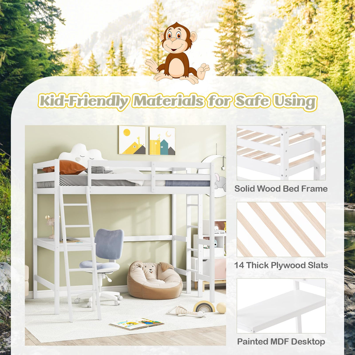 KOMFOTT Solid Wood Twin Loft Bed with Integrated Study Desk and Dual Ladders - Space-Saving Design for Teens and Adults (White) KOMFOTT