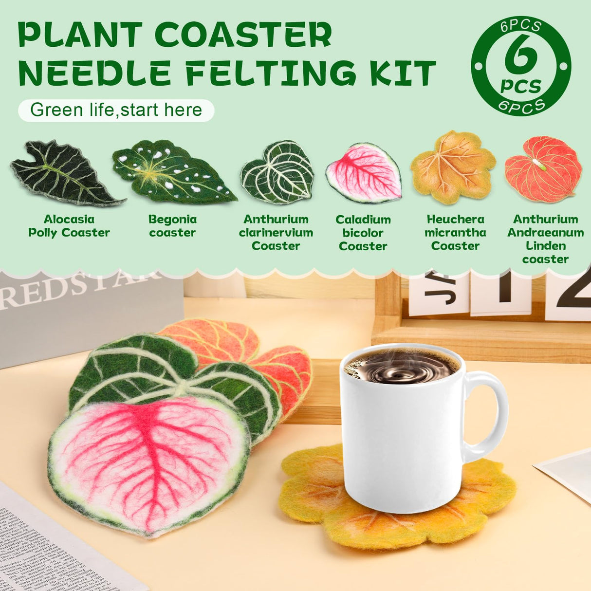 OEHPICC Needle Felting Kit, 6 PCS Plant Leaf Coasters Needle Felting Starter Kit,Wool Felting Kit with Wool Roving, Foam Pad and Instructions for DIY Felting Starters OEHPICC