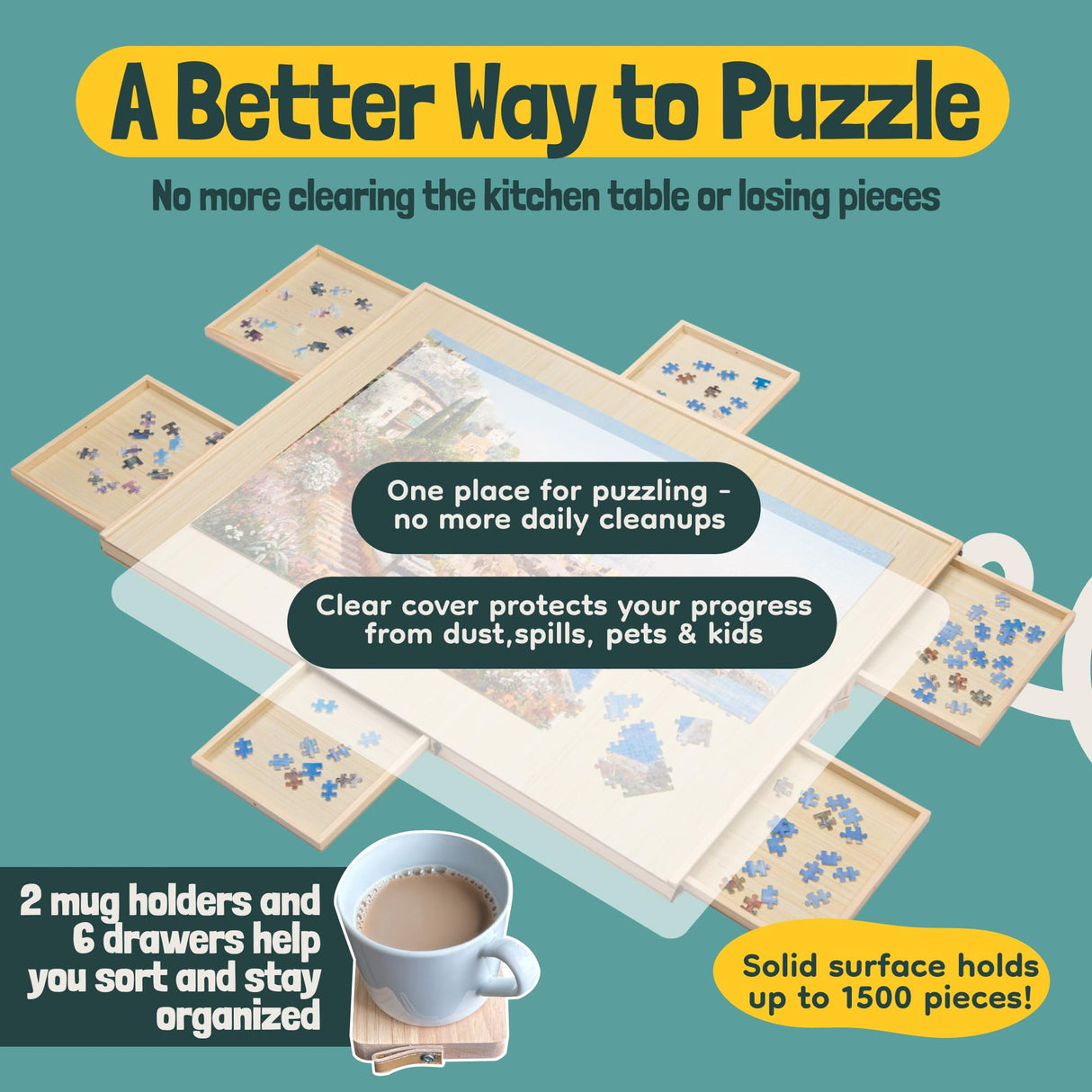 Gondola 1500 Pieces Puzzle Board with Mug Holders, 6 Drawers and Cover, Sturdy Jigsaw Puzzle Table Tray, 26"x35" Portable Wooden Jigsaw Puzzles Accessories, Jig Saw Home Holder Organizer Boards Gondola