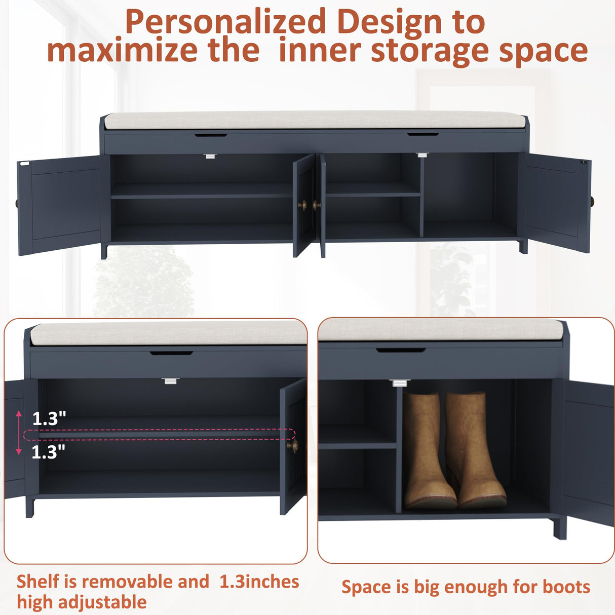 HOMEFORT 54.4" Shoe Bench with Lift Top Storage, Entryway Bench with Cushioned Seat, Wooden End of Bed Bench, Shoe Cabinet Bench with Hidden Storage Space, for Bedroom, Hallway,Blue HOMEFORT