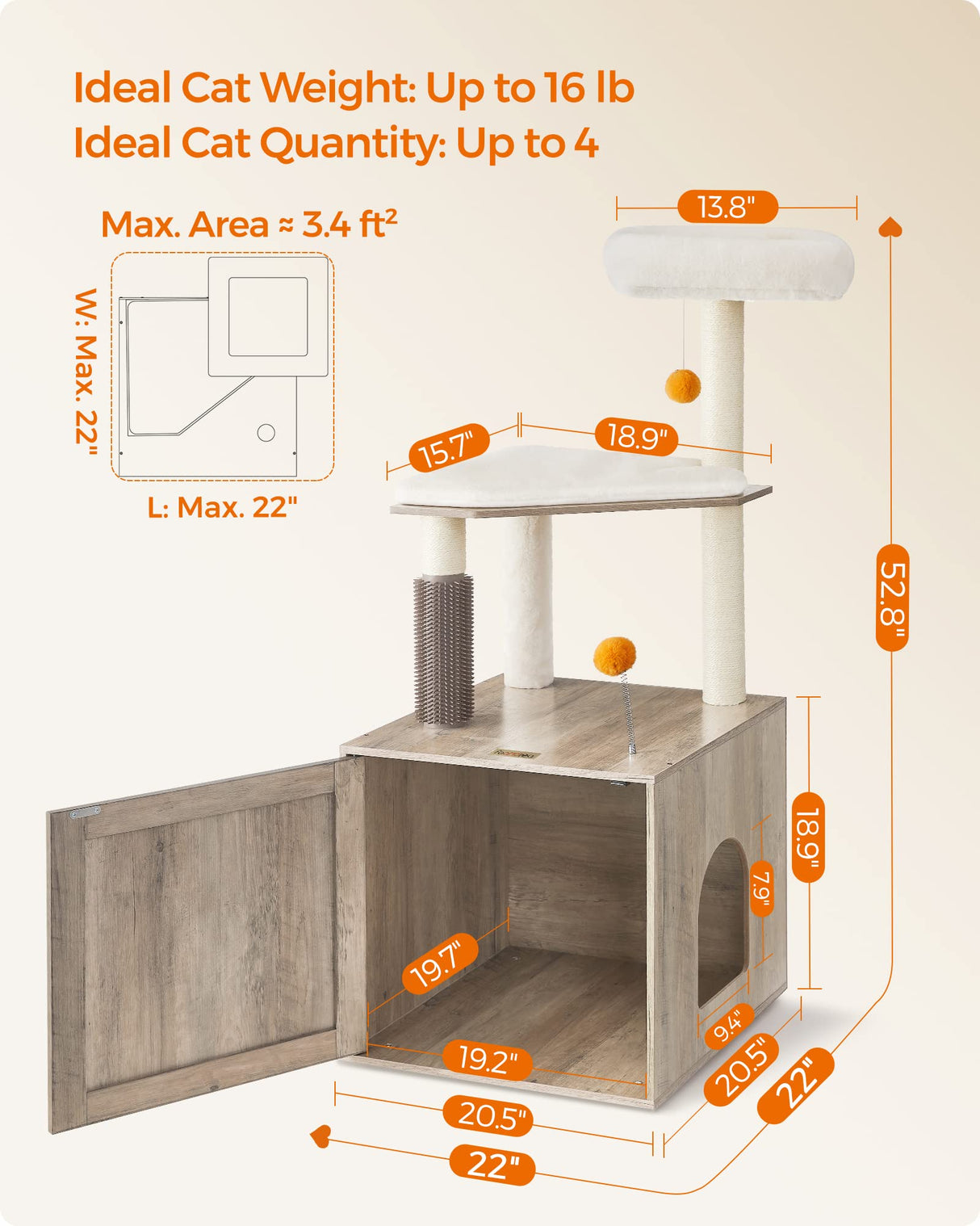 Feandrea Cat Tree with Litter Box Enclosure, 2-in-1 Modern Cat Tower, 52.8-Inch Cat Condo with Self Groomer, Scratching Posts, Washable Cushions, Greige UPCT115G01 Feandrea