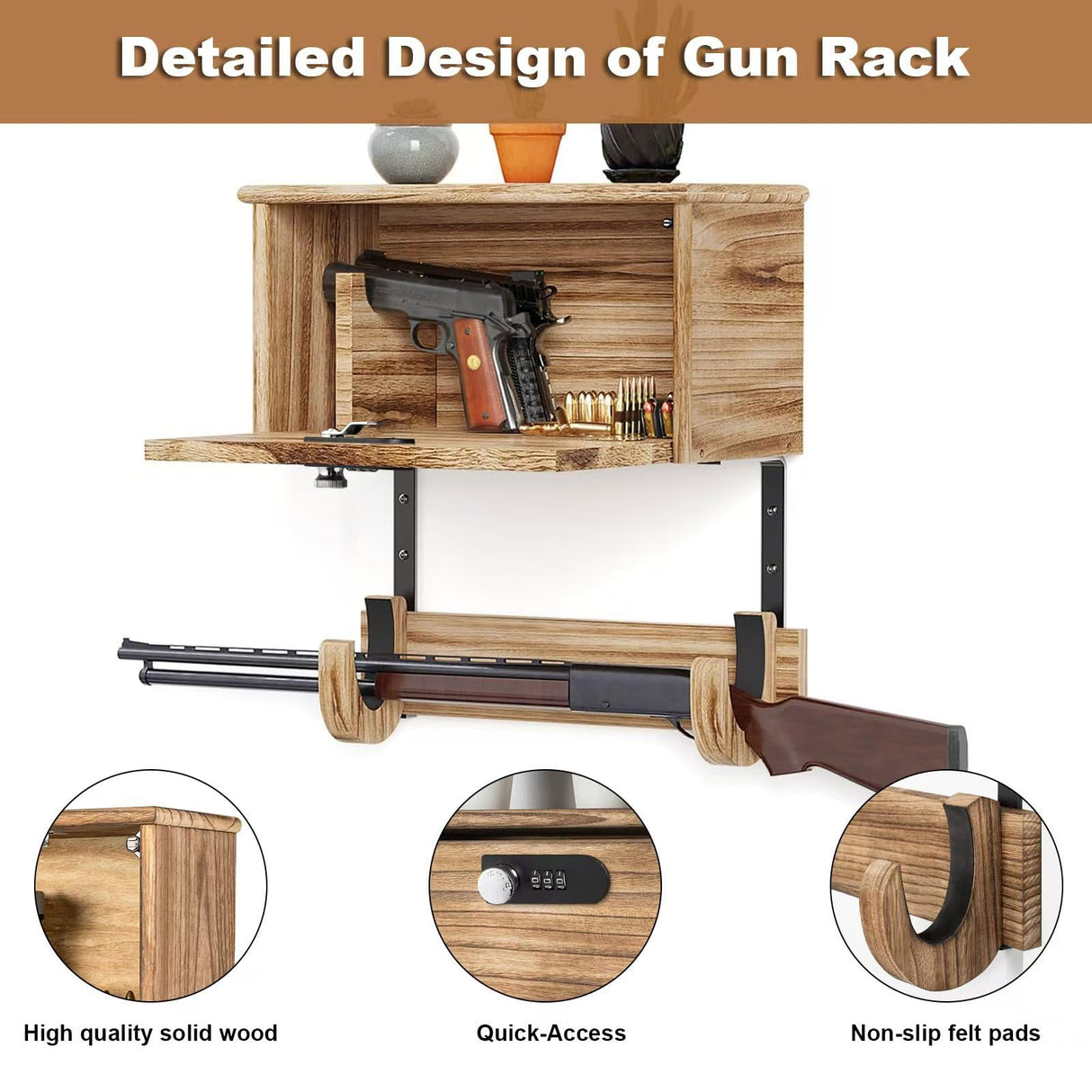 Gun Rack Wall Mount Lock Gun Racks for Wall With Storage 2 Pistol & 1 Gun, Wood Rifle Shotgun Wall Mount Gun display amoard