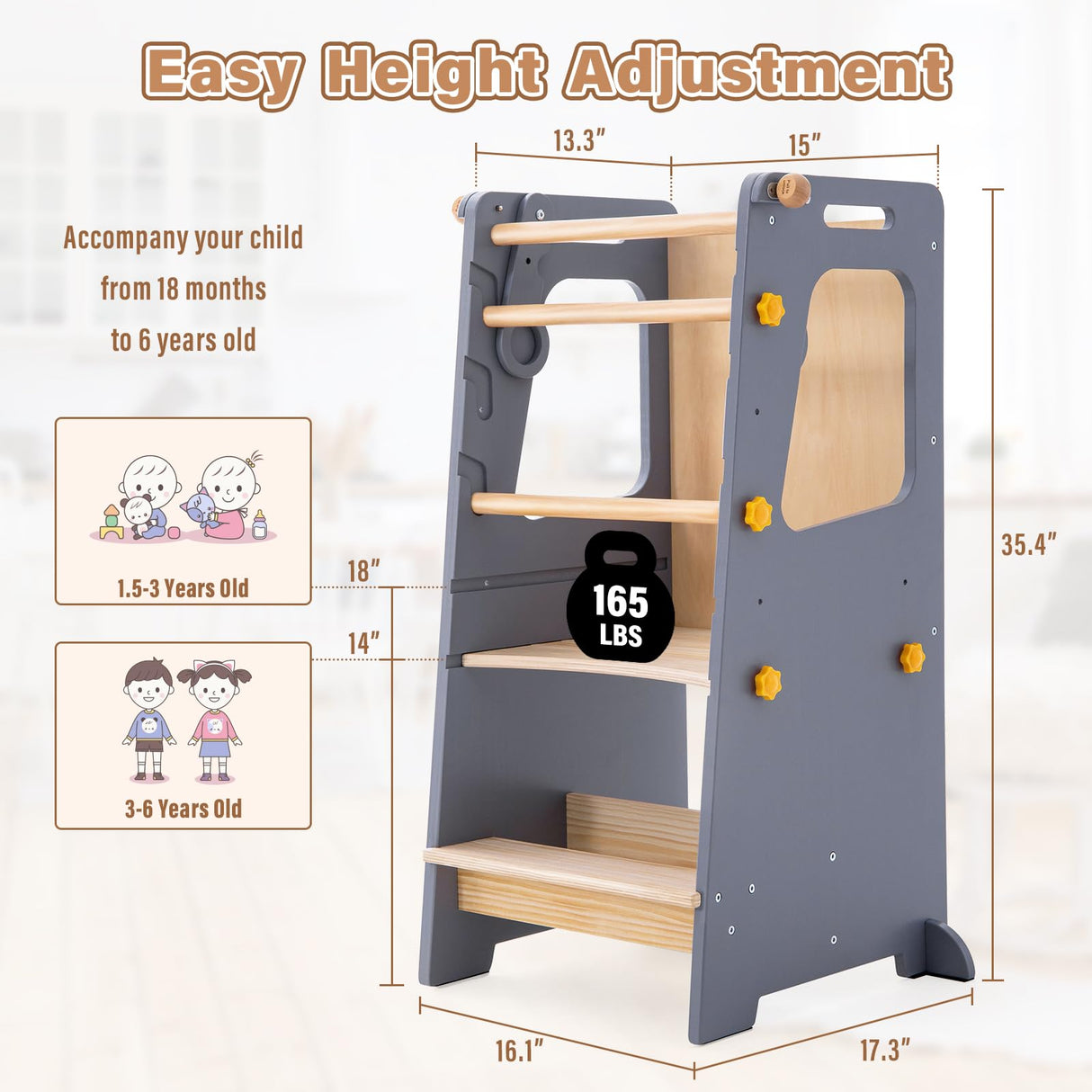 4 in 1 Toddler Kitchen Tower, Kids Kitchen Stool Helper, Standing Tower with Convertible Table and Chair, Toddler Step Stool with Adjustable-Height,Whiteboard and Safety Rail for Kitchen Aokkto