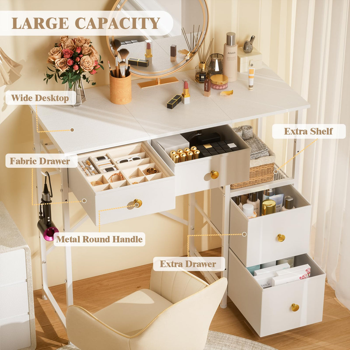 3IngSeagulls White Vanity Desk Without Mirror, Small Makeup Desk with 4 Fabric Drawers, 33.5 Inches Dressing Table with Storage, Vanity Table for Bedroom with Hook, White 3IngSeagulls