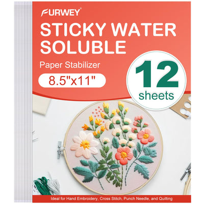 FURWEY 12PCS 8.5"x11" Sticky Water Soluble Embroidery Stabilizer Printable Paper Wash Away Stabilizer Allowed for Print or Draw Patterns Medium Weight for Hand & Machine Embroidery