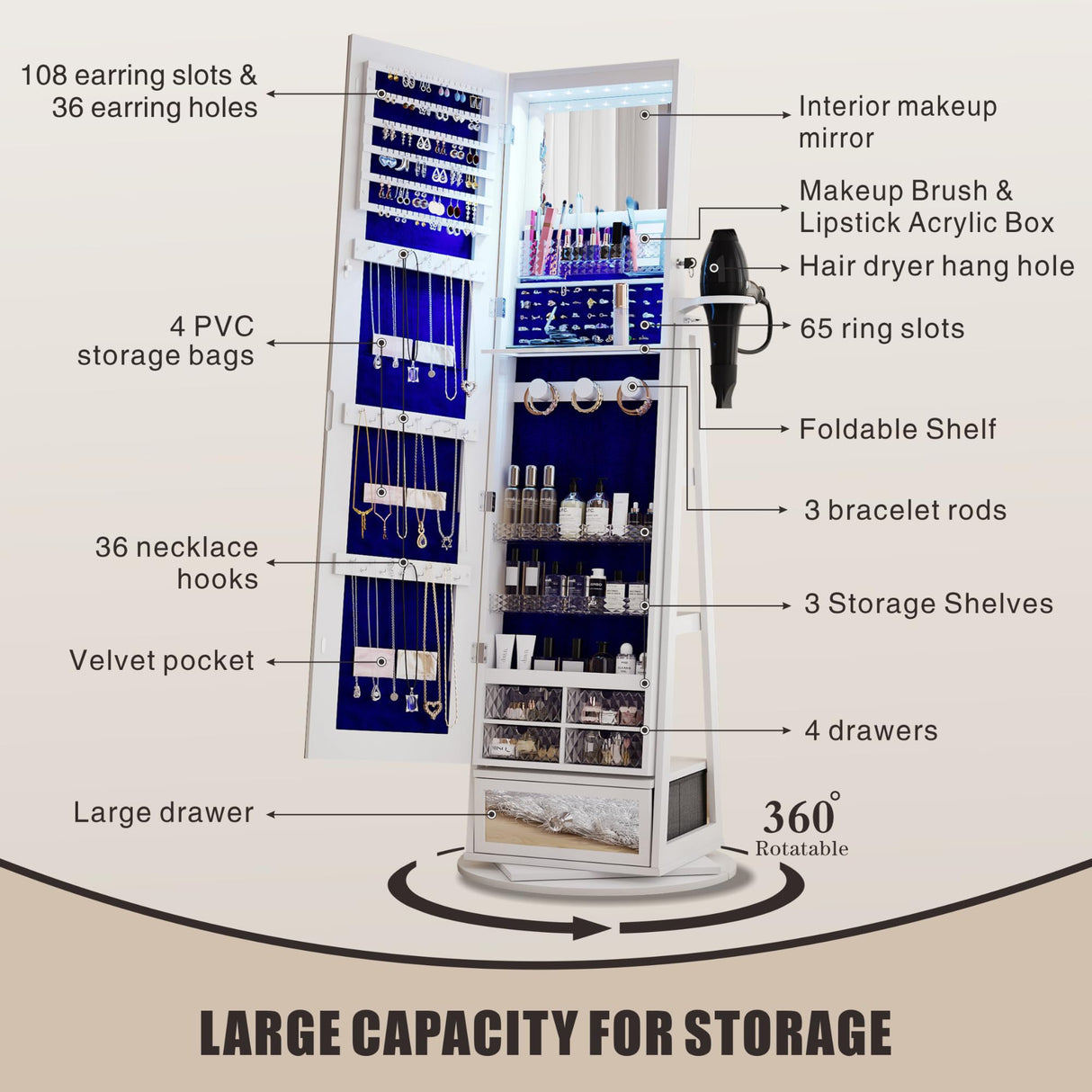 HWB Full-Length Mirror with Jewelry Storage: 360° Swivel Standing Jewelry Cabinet with Lights - Rotatable Standing Jewelry Armoire Organizer with Foldable Makeup Shelf White HWB