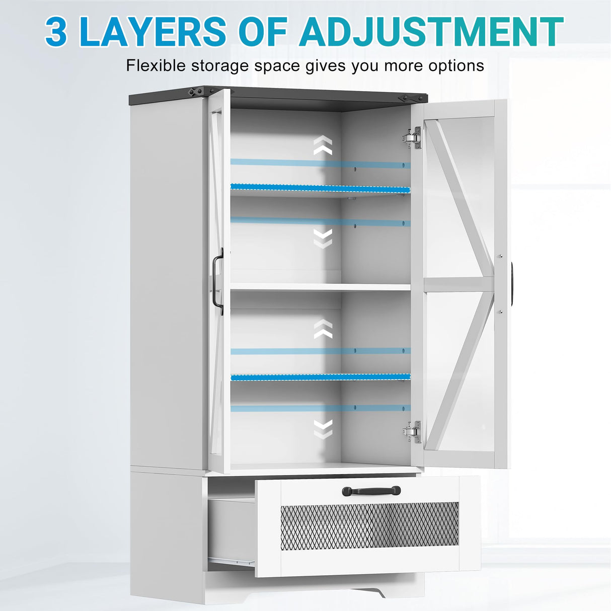 Semoic 47" Display Storage Cabinet with Adjustable Shelves,Pantry Storage Cabinet with LED Light, 4-Tier Curio Showcase with Drawer for Toys, Books, Collection, White Semoic