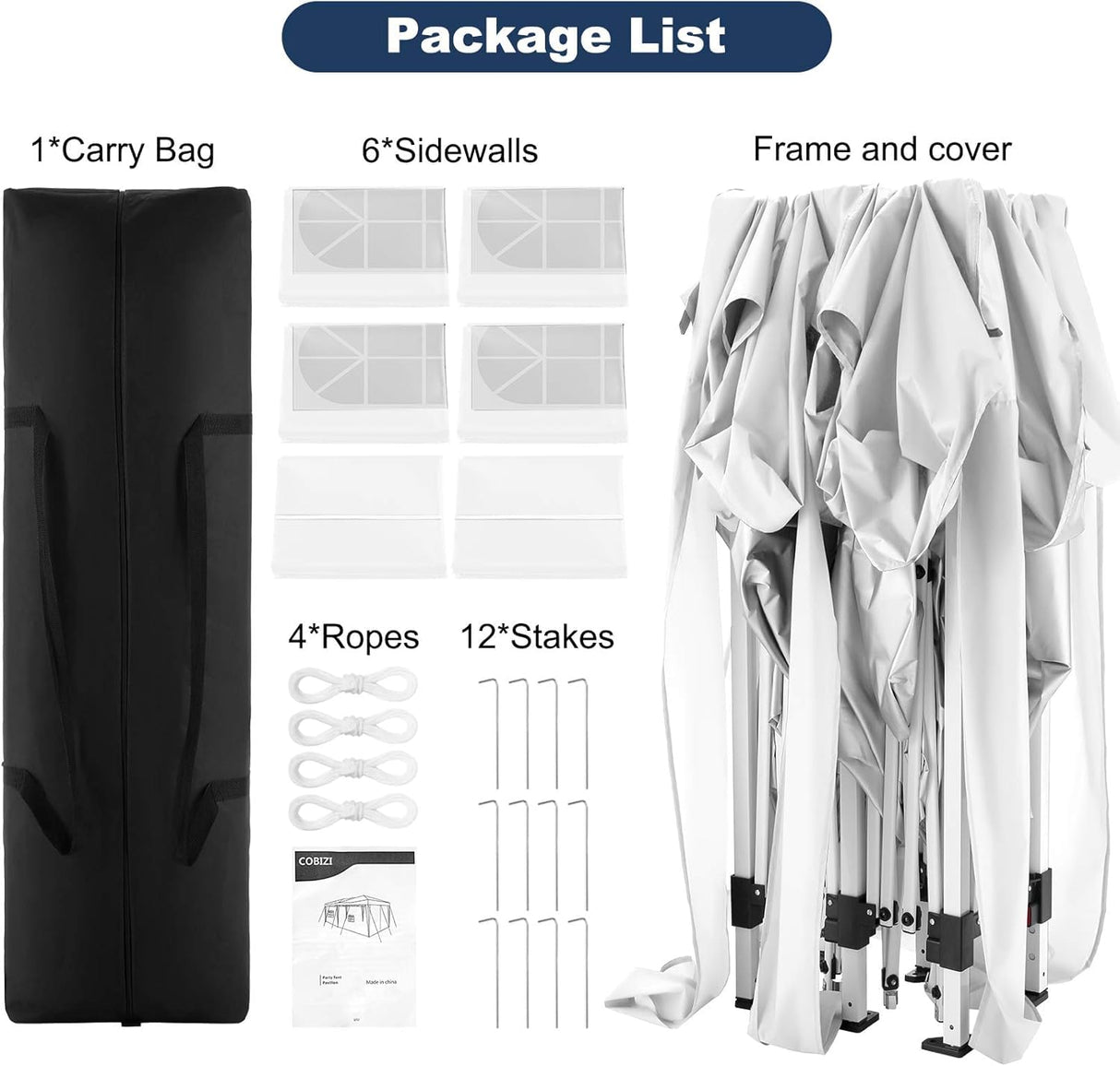 COBIZI Canopy 10x20 Pop Up Canopy Tent with 6 Sidewalls Party Tents for Parties Weddings Backyard Waterproof Outdoor Commercial Event Tent with Stakes, Ropes, White COBIZI