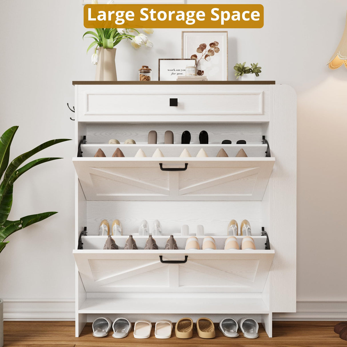 IRONCK Shoe Storage Cabinet with 2 Flip Drawers & Barn Door Design, Freestanding Shoe Cabinet Organizer with Drawer and Shelves for Entryway, Farmhouse Shoe Rack Cabinet, White/Walnut IRONCK