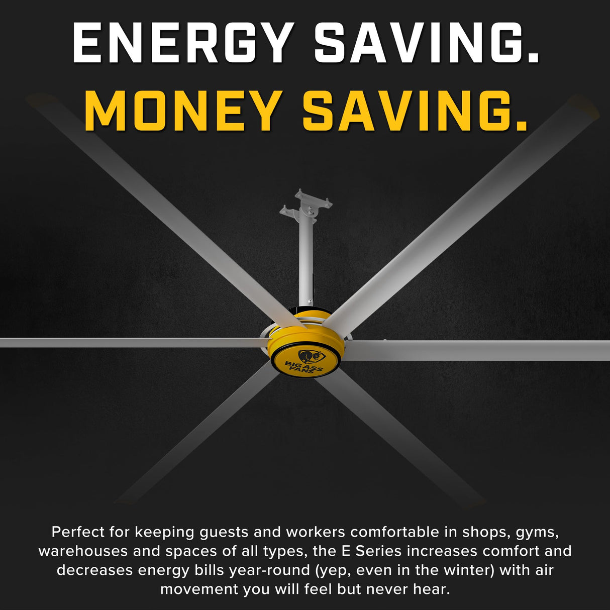 Big Ass Fans E-Series 7 ft Industrial 6 Blade Ceiling Fan Gearless Direct Drive Motor, High Volume Low Speed, Wired Wall Controller, 110-125V/1ph - Silver/Yellow Big Ass Fans