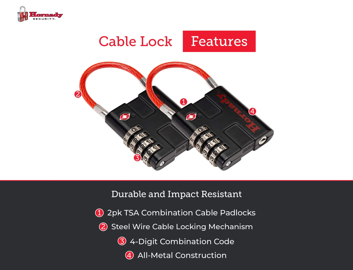 Hornady TSA Approved Cable PadLocks 2pk, 96022 - All Metal 4 Digit Combination Locks with a Flexible Wire Shackle, Inspection Indicator, & Easy to Read Dials -TSA Locks for Luggage, Backpack, Gun Case Hornady