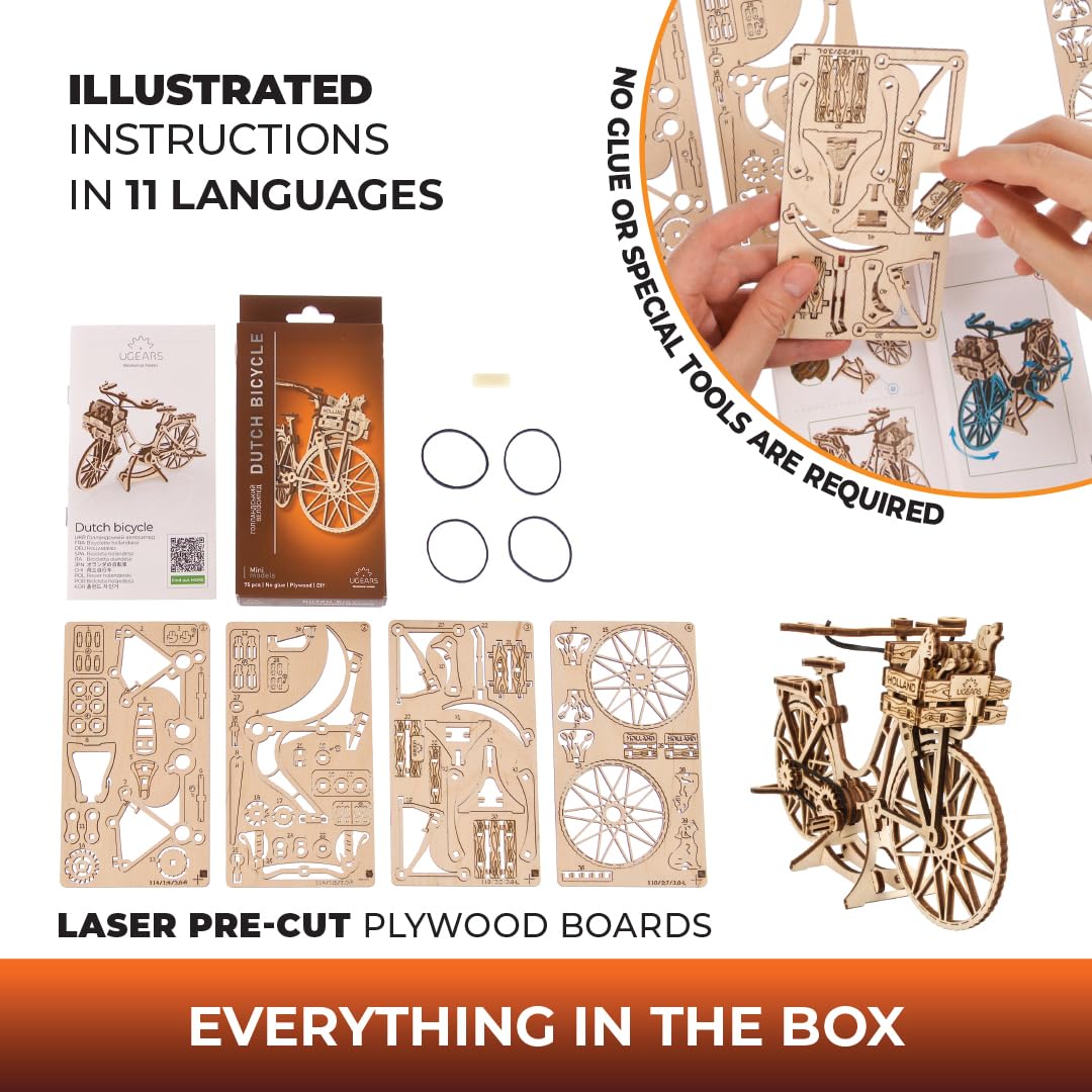UGEARS Dutch Bicycle 3D Puzzles for Adults - Model Building Kits Wood Puzzle Hobbies for Men - Rompecabezas 3D Para Adultos - Wooden Model Kit to Build UGEARS