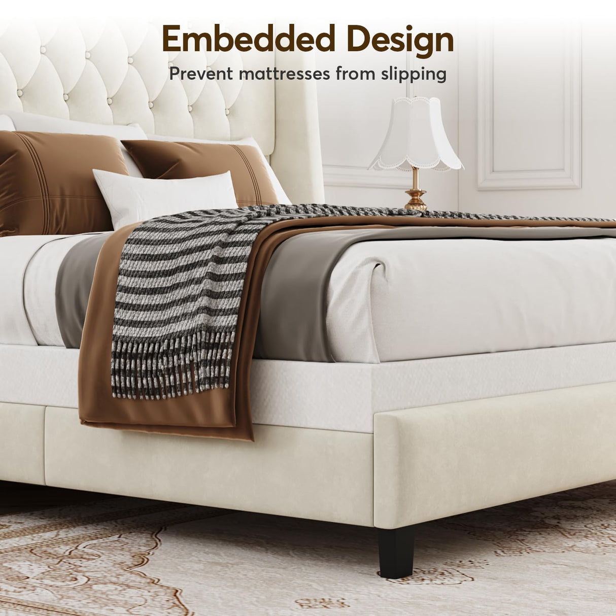 SEREINEY Queen Bed Frame with 55" Tall Headboard, Upholstered Bed Frames, Soft Fabric, Button Tufted Headboard with Windback, Platform Bed, Noise-Free, No Box Spring Needed, Beige SEREINEY