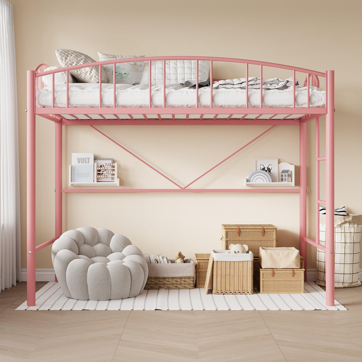 Garvee Loft Bed Twin Size with Ladde and Arched Guardrail, Heavy Duty Metal Loft Bed Frame for Kids and Adults, Sturdy Steel Slats Support, Small Space Saving Design, No Box Spring Needed, Pink Garvee