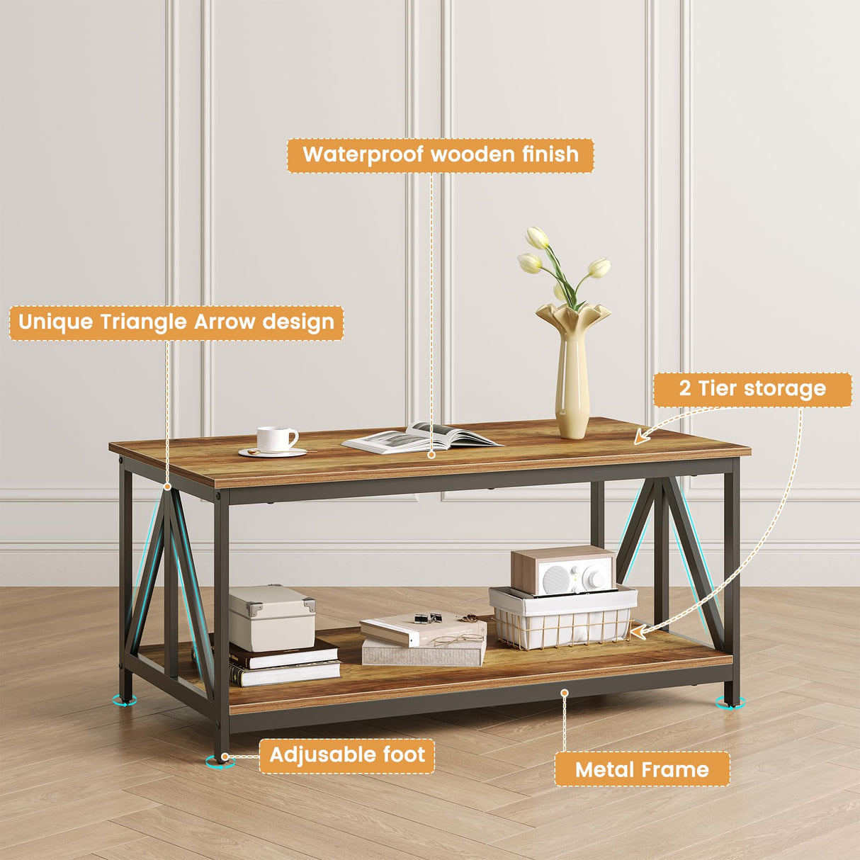 Bigbiglife Living Room Coffee Table Set of 3, Industrial Triangular-Design Coffee Table and 2 End Side Tables, 3 Piece Living Room Table Set with Large Storage for Apartment Home (Rustic Brown) Bigbiglife