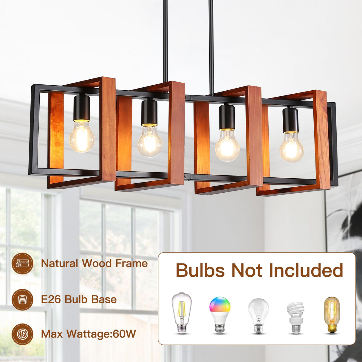 HUMHOLD 4-Light Kitchen Island Lights Pendant Light Farmhouse Dining Room Light Fixture, Rustic Wood and Black Metal Rectangular Chandelier, 32" Hanging Lighting for Living Room, Bar HUMHOLD