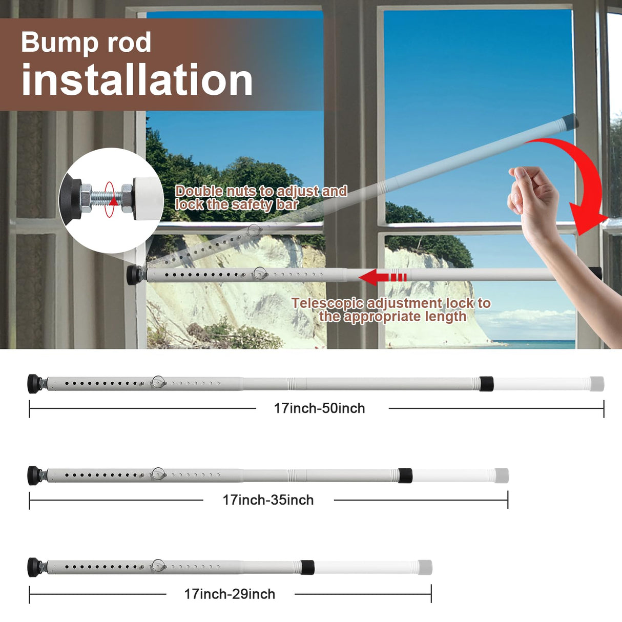 BeBecome Sliding Door Security Bar,17-50 inch Adjustable Patio Door Security bar with Rubber Tips Apartment Bedroom Bottom of Door Heavy Duty Interior White BeBecome