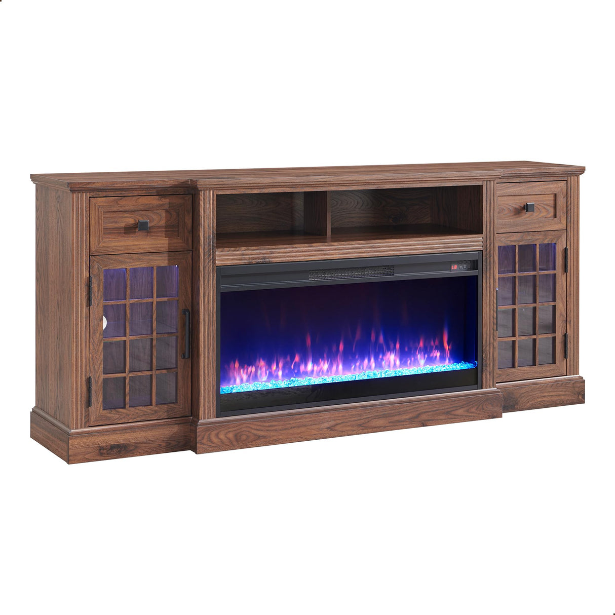 JXQTLINGMU Fireplace TV Stand for 80 Inch TV, Farmhouse Highboy Entertainment Center w/LED Lights & 36" Electric Fireplace, Large Media Console w/Glass Door Cabinet & Storage Drawer, Brown JXQTLINGMU