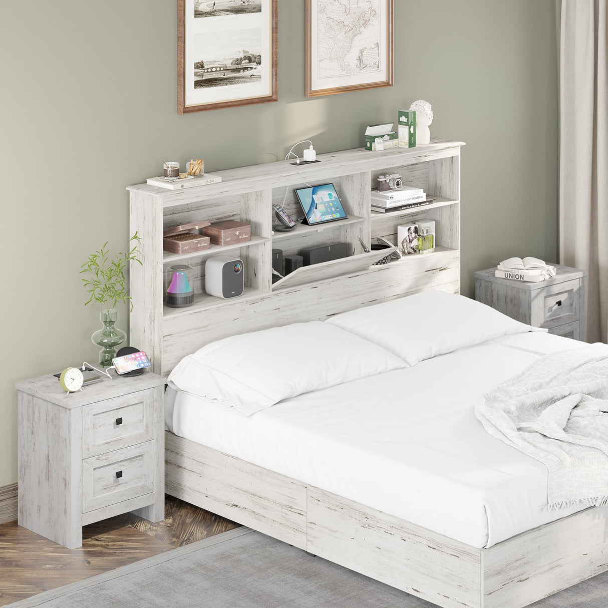 AMERLIFE Large Nightstand Set of 2 with Charging Station, Bedside Table with USB Ports and Outlets, Farmhouse Wood End Table for Bedroom, Living Room, Distressed White AMERLIFE